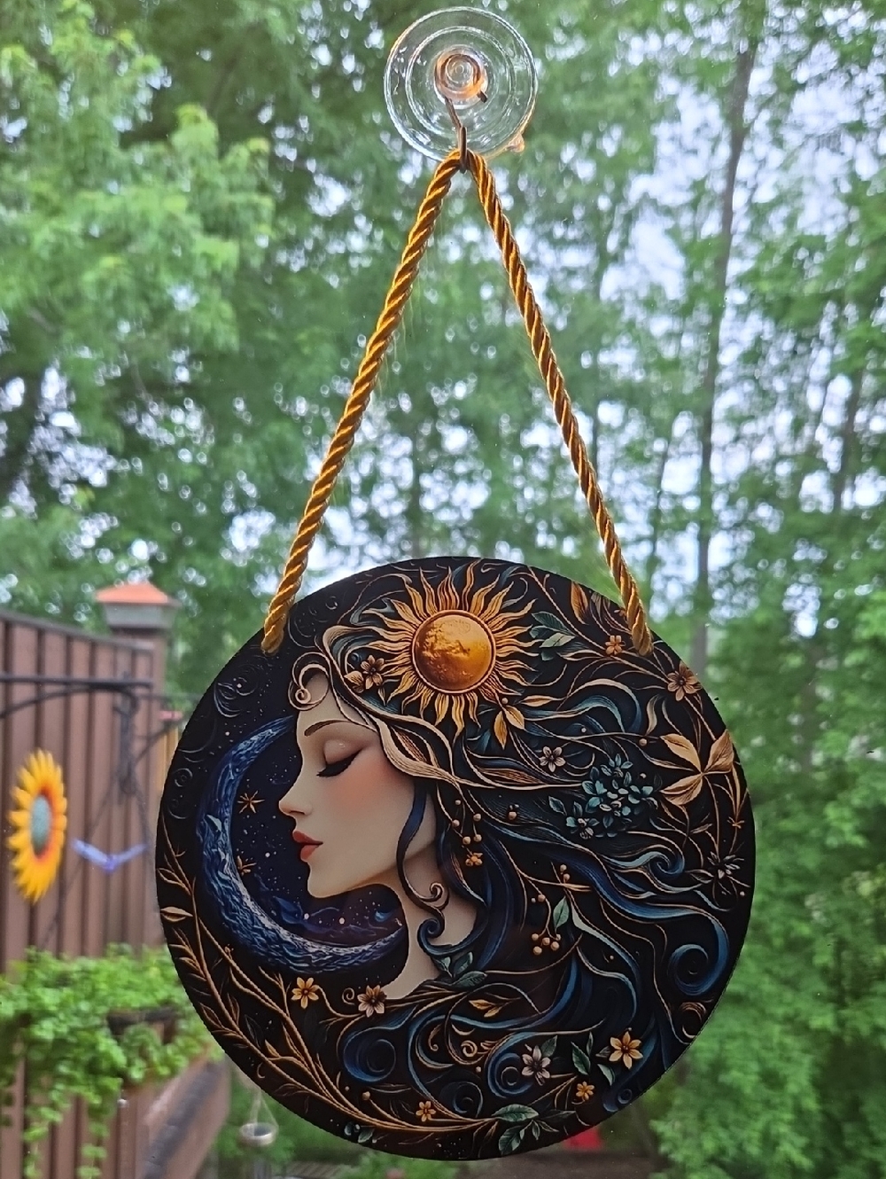 Sun & Moon Decorative Wall Hanging — Blue and Gold Home Art or SUNCATCHER